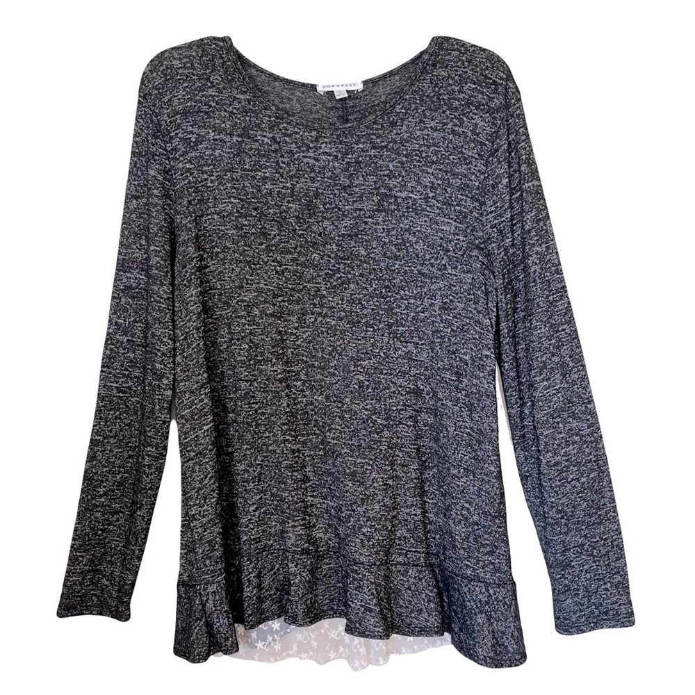 DownEast | Marled Black Boho Ruffled Lace Long Sleeve Knit Top, Large